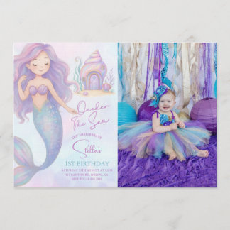 Convites Under the Sea Mermaid Purple 1st Birthday Photo