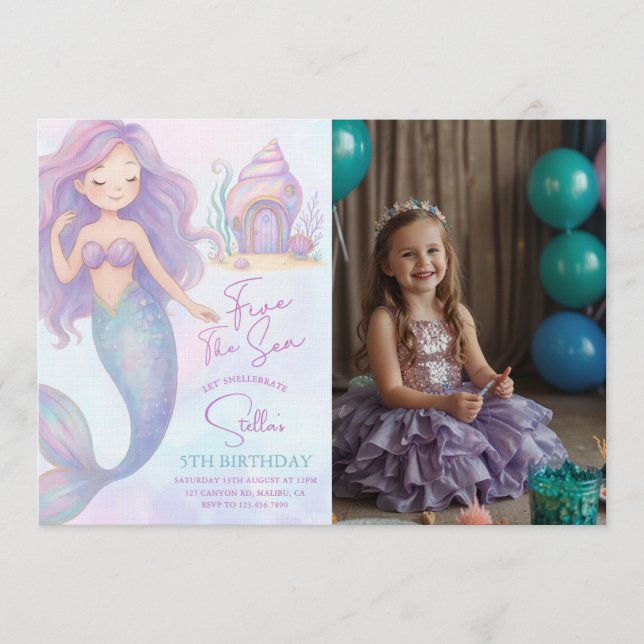 Convites Under the Sea Mermaid Purple 5th Birthday Photo (Frente)
