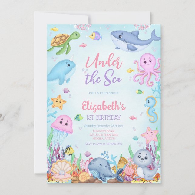 Convites Under the Sea Ocean Animals Theme Birthday  (Frente)
