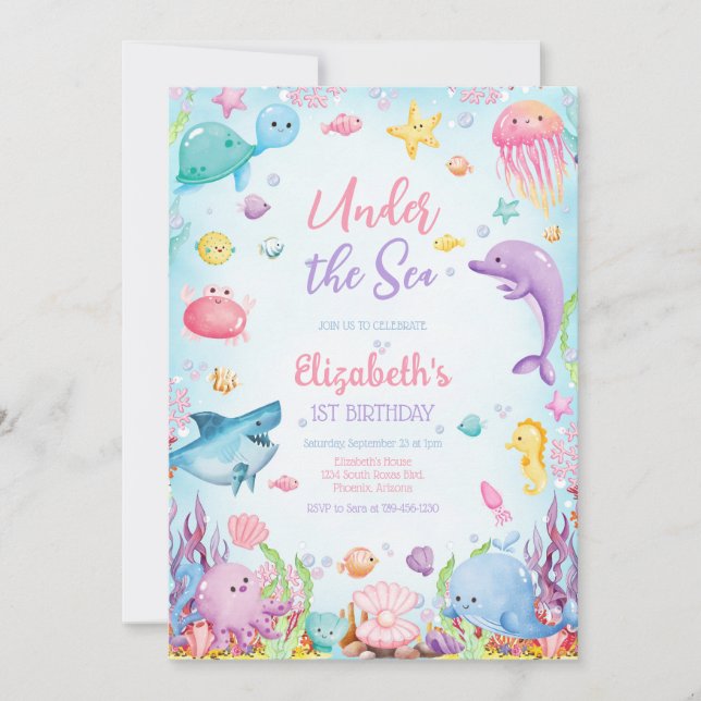 Convites Under the Sea Ocean Animals Theme Birthday  (Frente)
