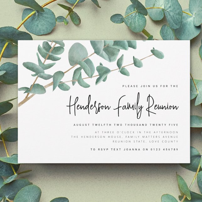 Convites União da Família Eucalyptus Watercolor (Watercolor Eucalyptus tree branch family reunion invitation Modern elegant script)