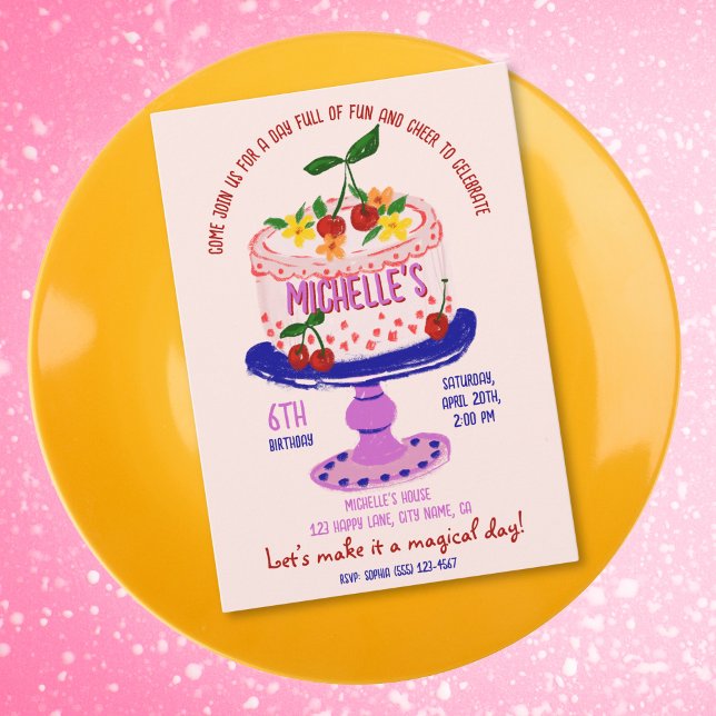 Convites Única Cereja de Bolo de Birthday (colorful whimsical cake with the cherry on top and pink background birthday invitation)