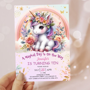 Convites Unicorn 10º Aniversário Menina Rosa Floral Arco-ír