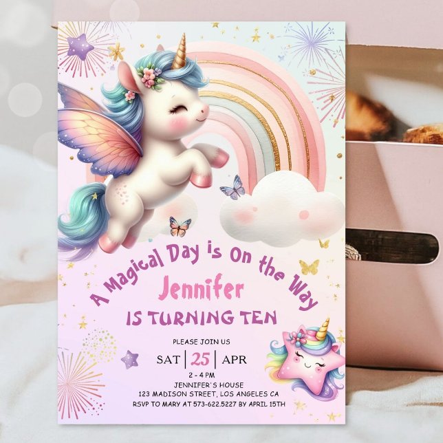 Convites Unicorn 10th Birthday Girl Purple Pink Rainbow (#UnicornBirthdayInvitation #UnicornBirthdayInvitationTemplate #UnicornBirthdayInvitationEditable 

)