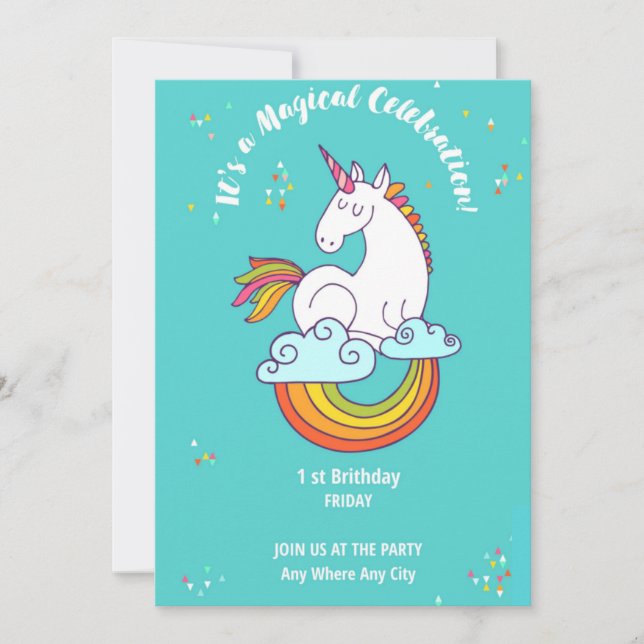 Convites Unicorn 1 ST Birthday Gold Teal Pink Purple  (Frente)