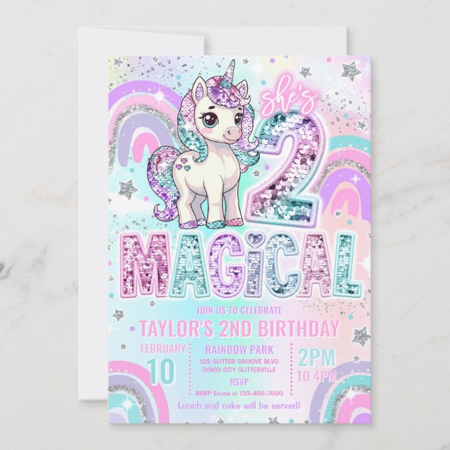 Convites Unicorn 2nd Birthday Two Magical Rainbow Glitter (Frente)