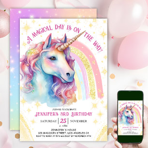 Convites Unicorn 3º Aniversário Dourado Rosa Arco-Íris Mági