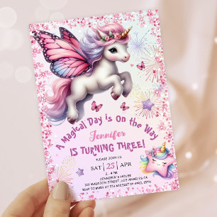 Convites Unicorn 3º Aniversário Menina Rosa Roxo Brilho