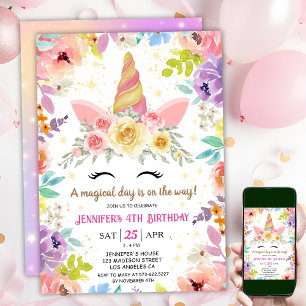 Convites Unicorn 4º Aniversário Floral Colorido Arco-íris