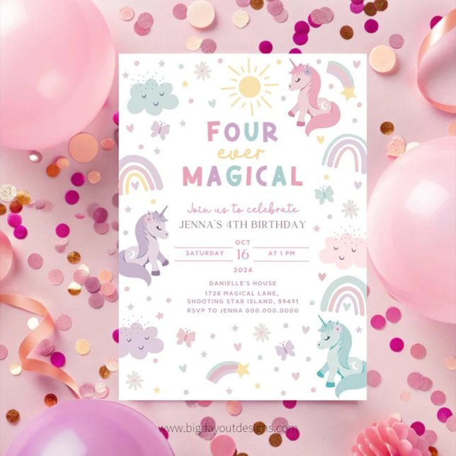 Convites Unicorn 4th Birthday Invitation. Editable Rainbow  (Unicorn 4th Birthday Invitation)