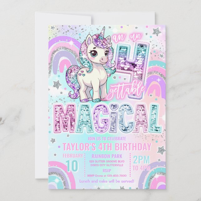 Convites Unicorn 4th Birthday Un-fourgettable Magical (Frente)