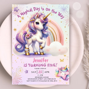 Convites Unicorn 5º Aniversário Menina Roxo Arco-Íris