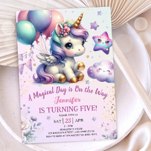 Convites Unicorn 5 Birthday Convide Rapariga Roxo e Dourada