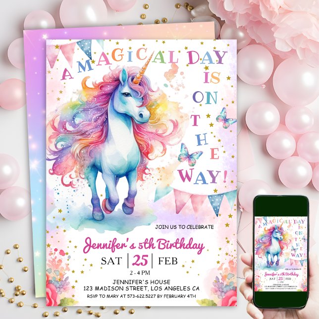 Convites Unicorn 5 Birthday Fairy Fairy Rainbow & Stars (#UnicornBirthdayInvitation #UnicornBirthdayInvitationTemplate #UnicornBirthdayInvitationEditable)