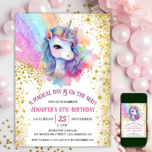 Convites Unicorn 6 Birthday   Arco-Íris Dourado