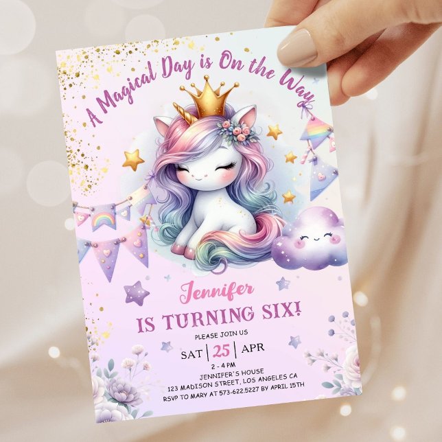 Convites Unicorn 6 Birthday Convide Rapariga Rosa e Dourada (#UnicornBirthdayInvitation #UnicornBirthdayInvitationTemplate #UnicornBirthdayInvitationEditable )