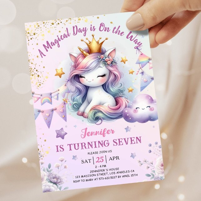 Convites Unicorn 7 Birthday Convide Rapariga Rosa e Dourada (#UnicornBirthdayInvitation #UnicornBirthdayInvitationTemplate #UnicornBirthdayInvitationEditable )