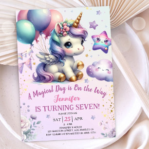 Convites Unicorn 7 Birthday Convide Rapariga Roxo e Dourada