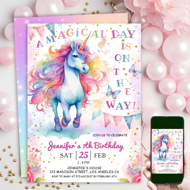 Convites Unicorn 7 Birthday Fairy Fairy Rainbow & Stars (#UnicornBirthdayInvitation #UnicornBirthdayInvitationTemplate #UnicornBirthdayInvitationEditable )