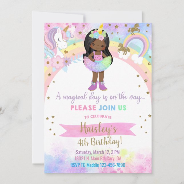Convites Unicorn african american girl magical birthday. (Frente)