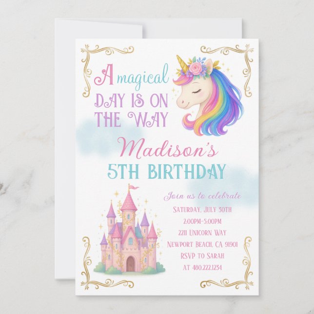 Convites Unicorn and Castle Birthday Party Invitation (Frente)