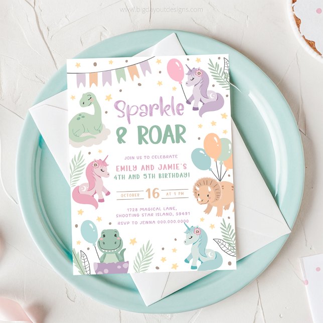 Convites Unicorn and Dinosaur Invitations. Editable Digital (Unicorn and Dinosaur Sparkle and Roar - Joint Birthday Invitation)