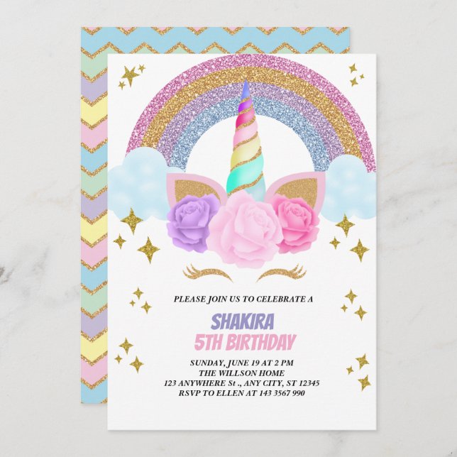 Convites Unicorn Aniversário (Frente/Verso)