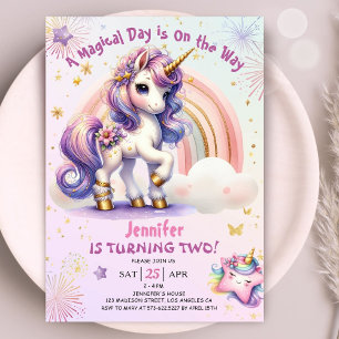 Convites Unicorn Aniversário de 2 anos Menina Roxo Dourado