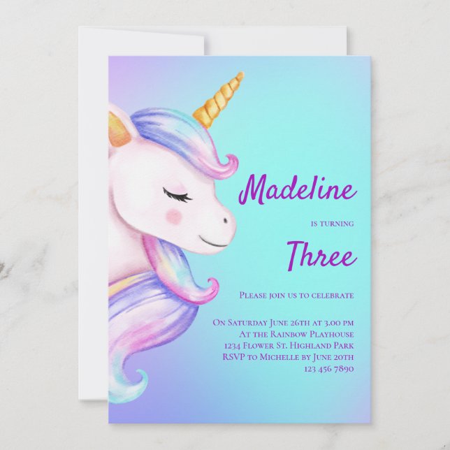 Convites Unicorn Aniversário Invitation Girls Pastel Rainbo (Frente)