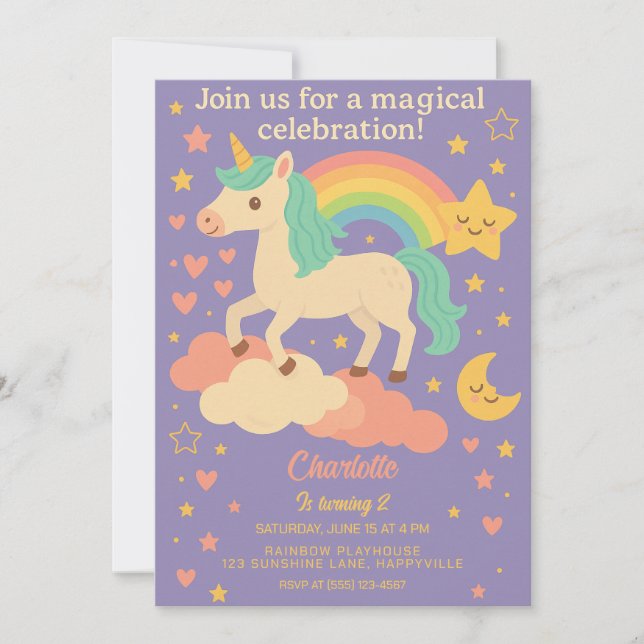 Convites Unicorn Aniversário para Meninas - Partido Arco-Ír (Frente)