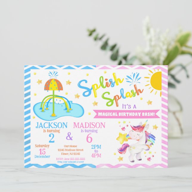 Convites Unicorn & Área de Splash Conjunto de Aniversário | (Em pé/Frente)