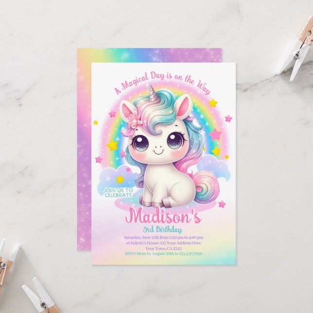 Convites Unicorn Birthday Invitation (Frente/Verso In Situ)