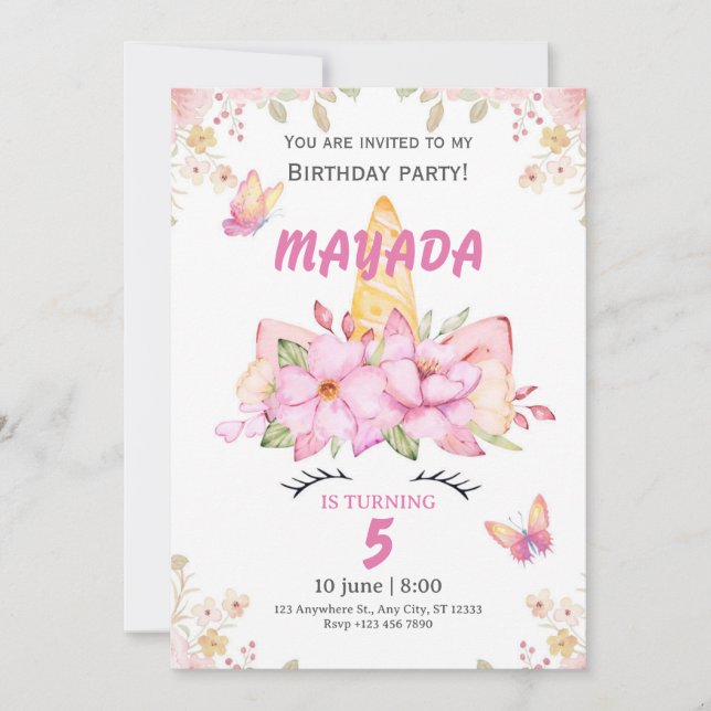 Convites Unicorn Birthday Invitation for Girls  (Frente)