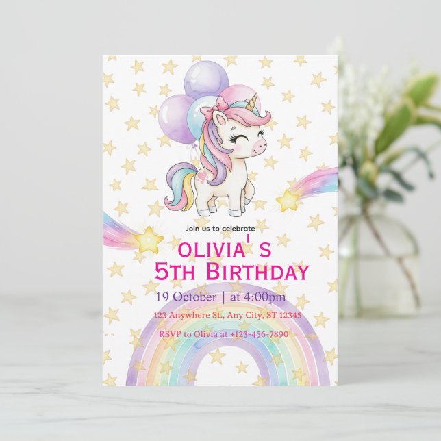 Convites Unicorn Birthday Invitation | Pastel Rainbow Party (Em pé/Frente)