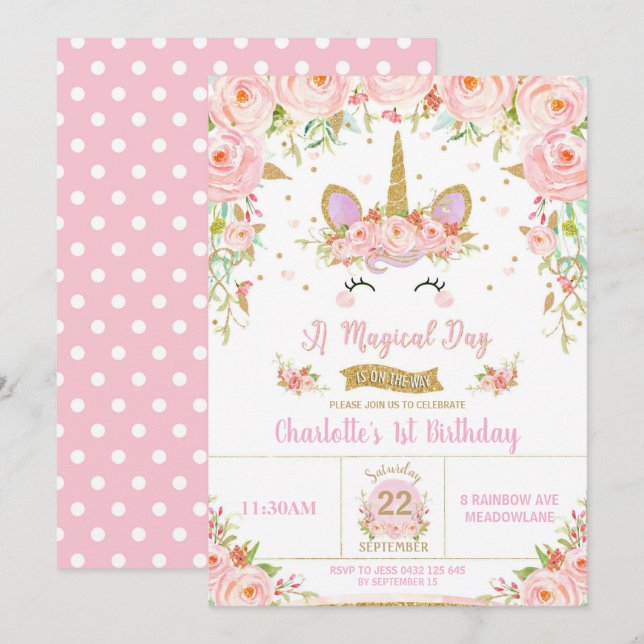 Convites Unicorn Birthday Invitations primeiro aniversario  (Frente/Verso)