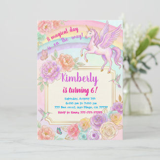 Convites Unicorn Birthday Party Flowers Invitation