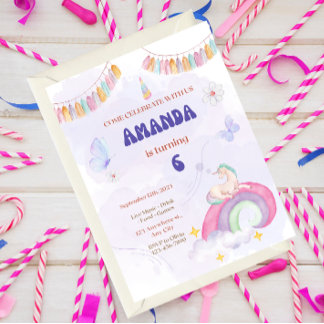 Convites Unicorn Birthday Party, Rainbow & Clouds for Kids