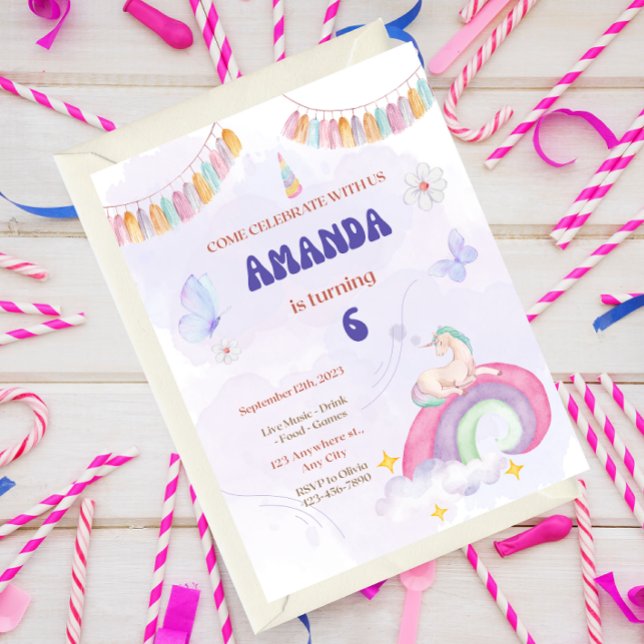 Convites Unicorn Birthday Party, Rainbow & Clouds for Kids (Criador carregado)