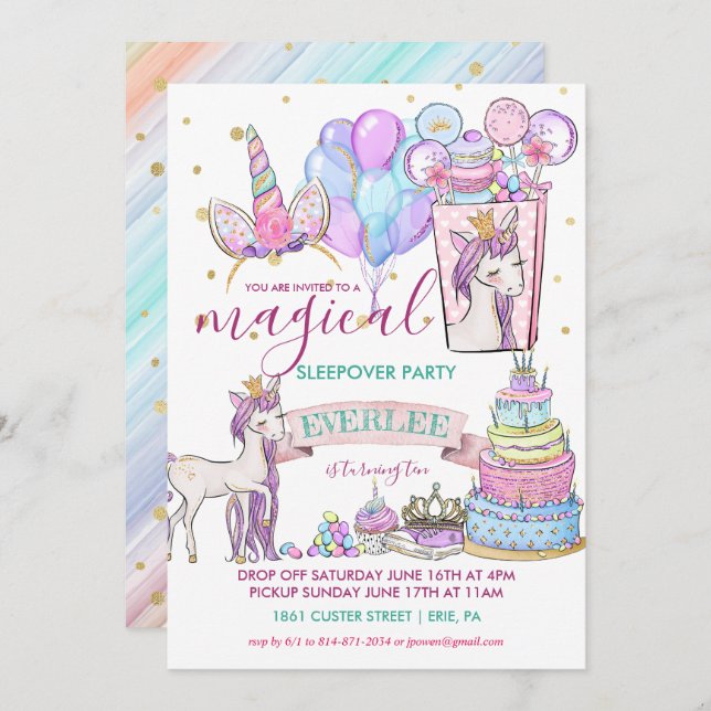 Convites Unicorn Birthday Slumber Party (Frente/Verso)