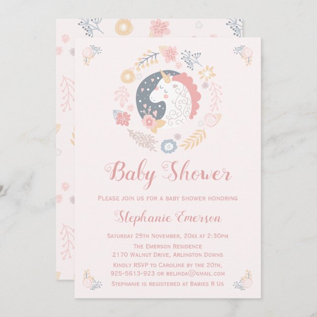 Convites Unicorn Blush Florals Baby Shower (Frente/Verso)