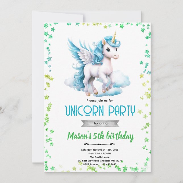 Convites Unicorn boy birthday party invitation (Frente)