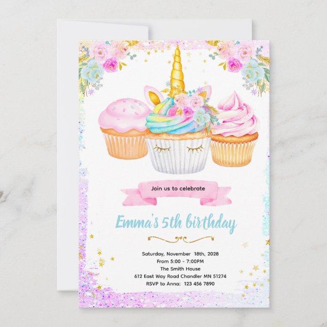 Convites Unicorn cupcake birthday party invitation (Frente)
