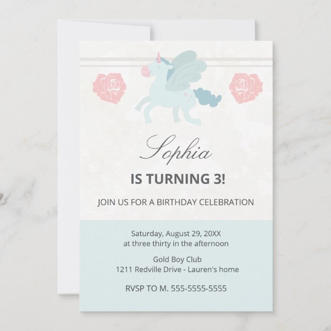 Convites Unicorn Cute Pink Blue Birthday Party Invitation (Frente)