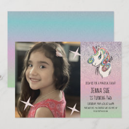Convites Unicorn  Desenho à Mão Ombré Arco-íris Foto Aniver