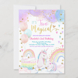 Convites Unicorn Dois Aniversário Mágico de 2 Anos Pastel