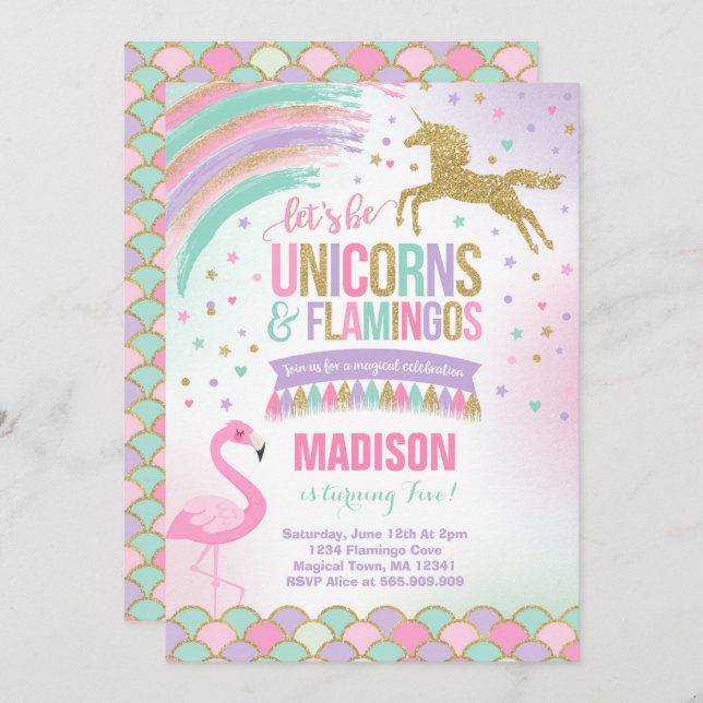 Convites Unicorn e Flamingo Birthday Invitation MagParty (Frente/Verso)