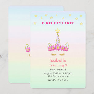 Convites Unicorn & Estrelas em Cores Pastel Aniversário de