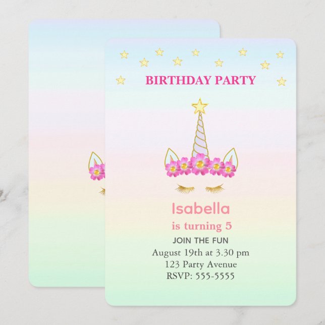 Convites Unicorn & Estrelas em Cores Pastel Aniversário de  (Frente/Verso)