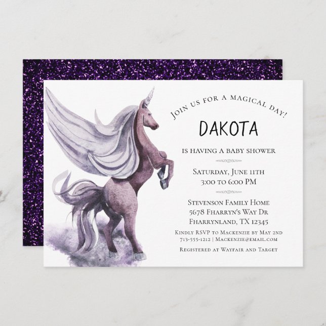 Convites Unicorn Fantasy | Chá de Aquarela Roxo-Mágica (Frente/Verso)