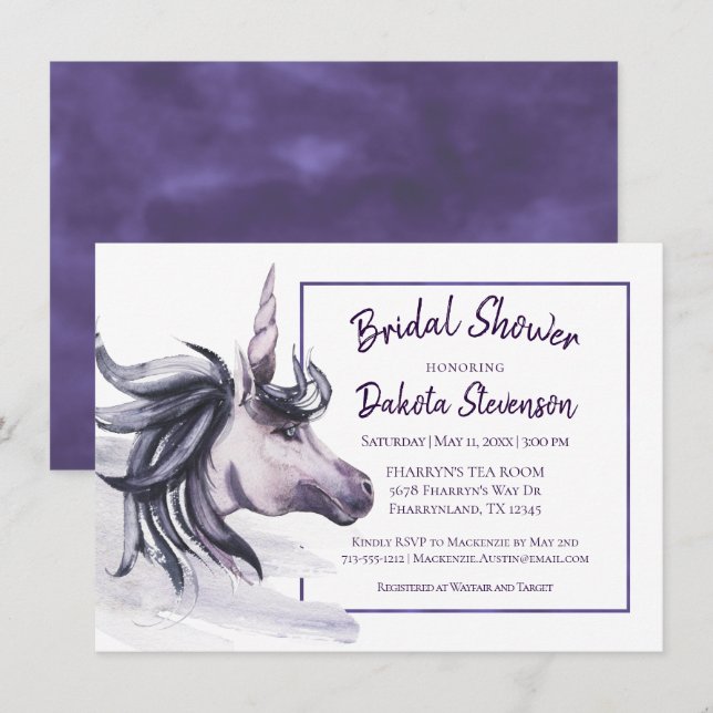 Convites Unicorn Fantasy | Chá de Aquarela Roxo-Mágica (Frente/Verso)